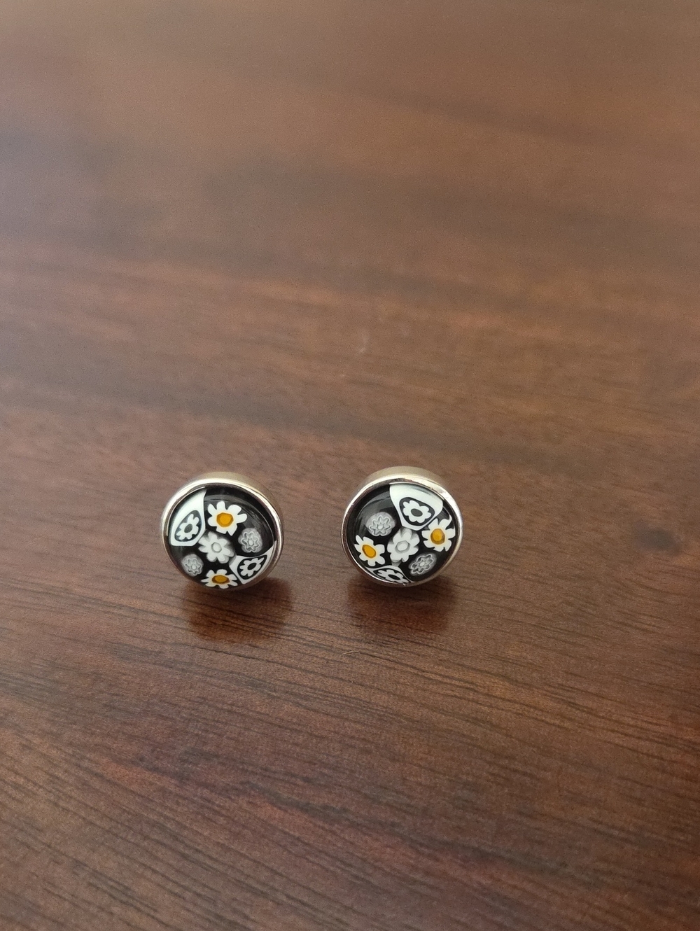 Sterling Silver Black Floral Micro Mosaic Stud Earrings with Yellow Accents